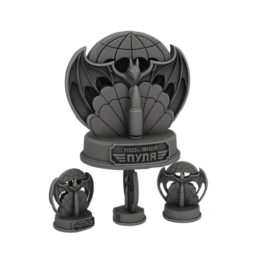 3D model of a trophy for an elite airborne unit, featuring a globe, bat wings, and a bullet on a base.