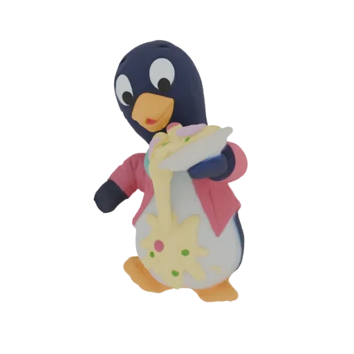 3D model render of a cartoon penguin wearing a pink jacket, holding a slice of pizza with melting cheese.