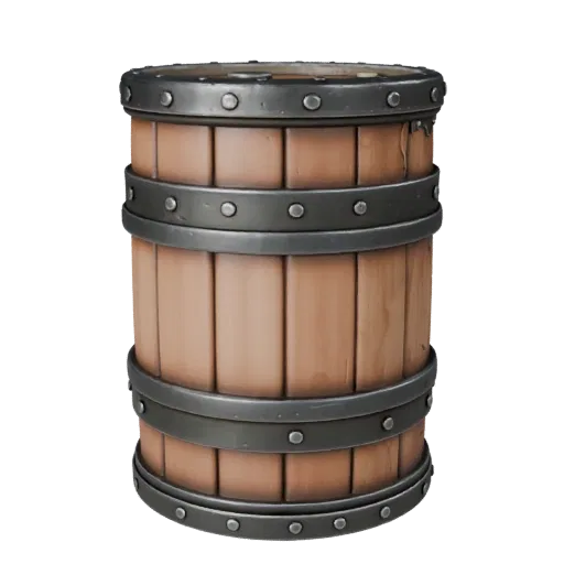 Industrial Barrel High Poly 3D model, close-up studio render, showing wood planks, stackable massing.
