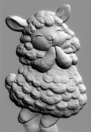 3D-Modell eines schlafenden Schaf-Basreliefs mit detaillierter lockiger Wolle, in Grau gerendert.