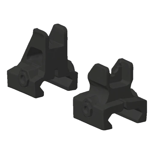 3D model of an AR-15 front sight post on the left and a rear sight assembly on the right, both in a matte gray finish against