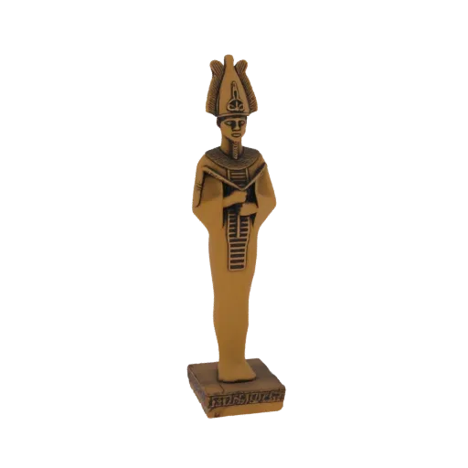 3D model of an ancient Egyptian pharaoh statue with a nemes headdress and hieroglyphic base, rendered in a metallic gold fini