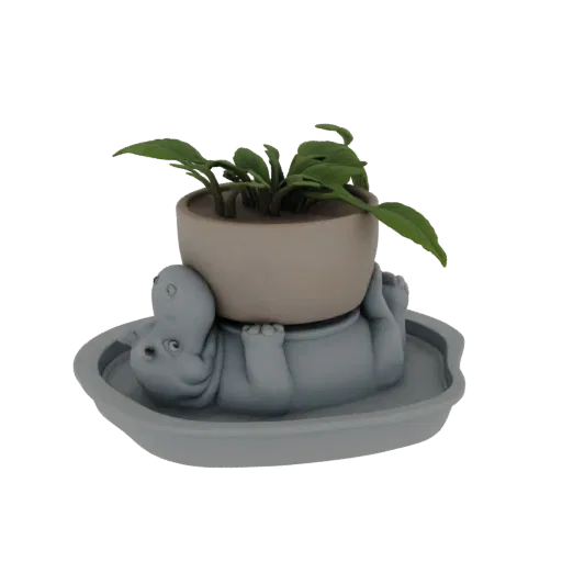 3D model of a grey hippo lying on its back, holding a potted plant above it, on a matching tray.