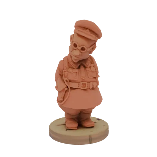 Render de modelo 3D de un oficial gordito y uniformado con gorra y gafas, de pie sobre una base circular.
