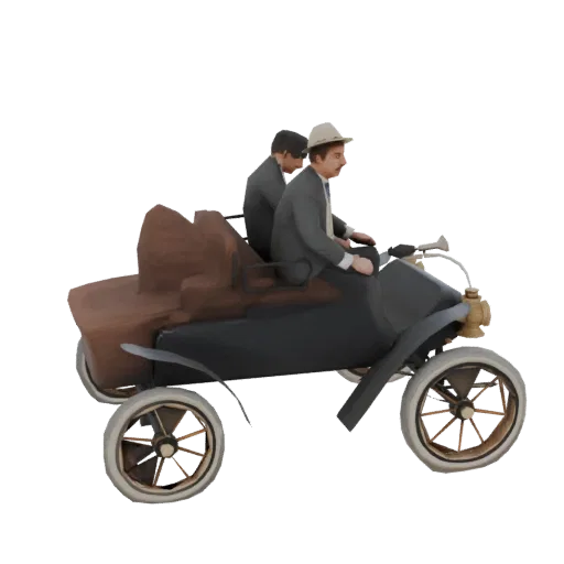3D model of a vintage dark-colored automobile with a brown interior, carrying two men in suits and hats, viewed from the side