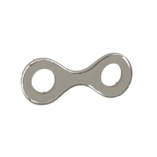 3D model of a metallic infinity link symbol, rendered with a brushed metal texture on a white background.