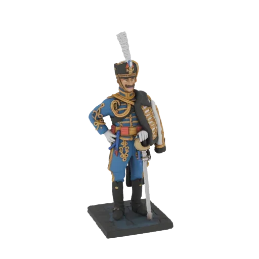 3D model of an Austro-Hungarian Hussar soldier in a blue uniform with gold trim, holding a sword, standing on a cobblestone b