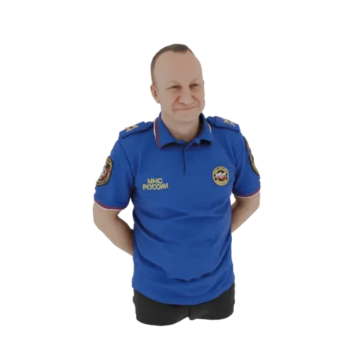 Modello 3D di un ufficiale maschio del Ministero delle Emergenze Russo in uniforme blu, in piedi con le mani dietro la schien