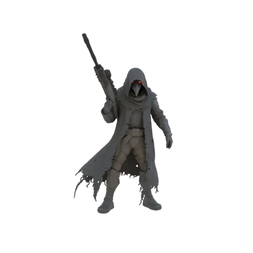 3D model of a Plague Doctor character wearing a tattered cloak and mask, holding a sniper rifle with glowing red eyes.