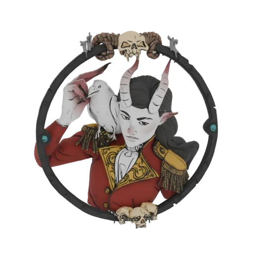 3D model render of a gothic ringmaster in a red and gold jacket with a white bird on his shoulder, framed by a circular borde