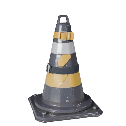 Modelo 3D estilizado de cono de seguridad para almacén, renderizado isométrico estilizado, mostrando carcasas de plástico, de