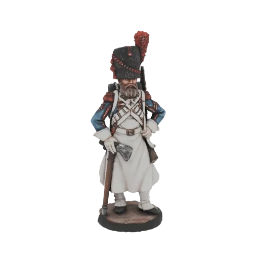 3D model of a French Grenadier soldier in uniform, holding a musket and axe, with a bearskin hat.