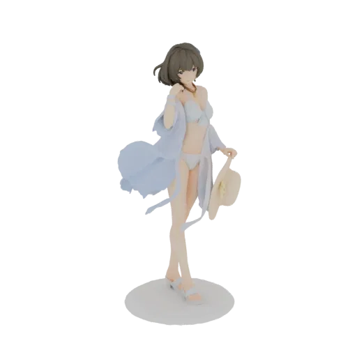 Modello 3D di ragazza in bikini bianco e kimono azzurro, con cappello di paglia, espressione serena.