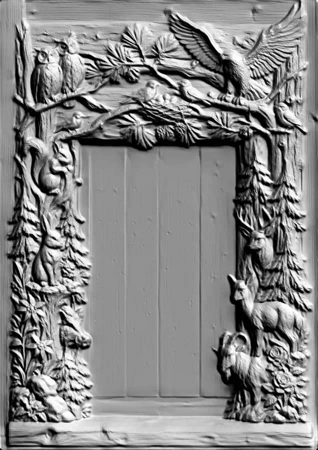3D-Modell des Basreliefs "Waldtiere" mit Adler, Eulen, Eichhörnchen, Hase, Hirschen und Steinbock vor einem Holztextur-Hinter