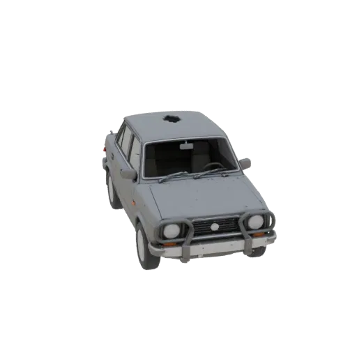 Modèle 3D d'une voiture VAZ (Lada) grise avec un massif pare-buffle avant en métal, style post-apocalyptique, sur fond blanc.