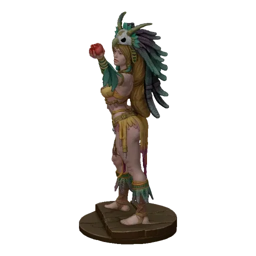 3D model of an Aztec priestess in ceremonial attire, holding a red heart and a knife, with a feathered headdress.