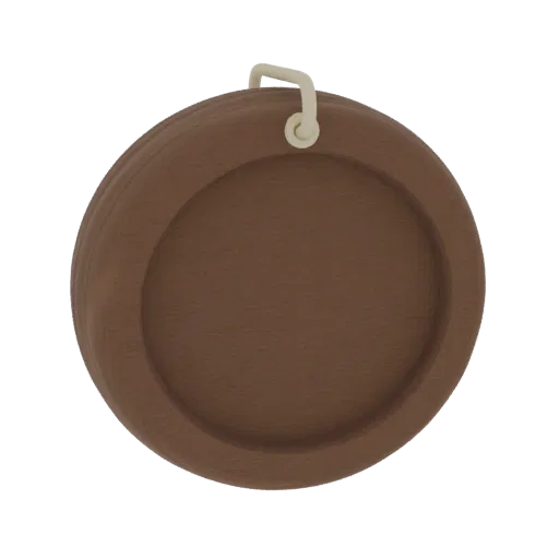 A 3D render of a round, brown wooden pendant with a visible wood grain texture and a small cream-colored loop at the top for