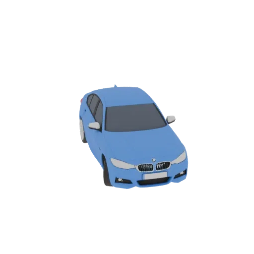 Modèle 3D de sedan bleu basse qualité, stylisé BMW, sur fond blanc