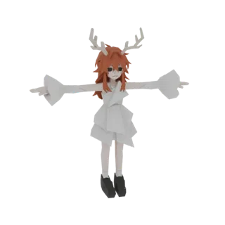 Modelo 3D de uma menina veado com chifres, estilo origami, vestida de branco e sapatos pretos, com braços estendidos.