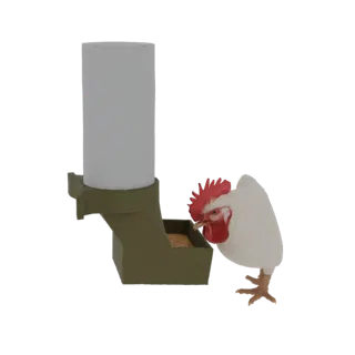 3D model of a white rooster with a red comb, pecking at grain from a green farm feeder.