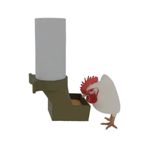 3D model of a white rooster with a red comb, pecking at grain from a green farm feeder.