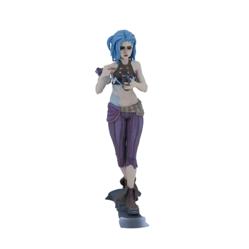 3D model of Jinx from Arcane, with blue hair, striped pants, and holding a small object.