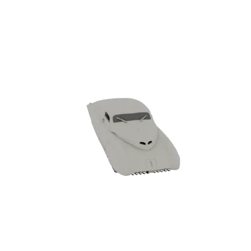 3D model of a light gray, streamlined Art Deco automobile with a sleek, aerodynamic body and a prominent front grille.