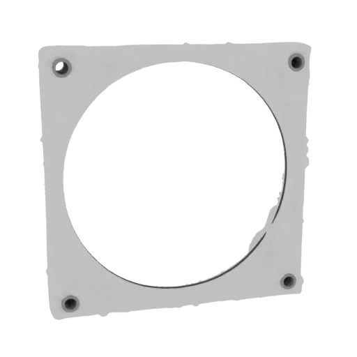 Modelo 3D de junta de ventilador cuadrada blanca con gran recorte circular y cuatro agujeros de montaje en las esquinas.