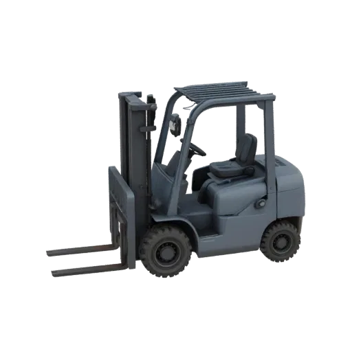Lager-Gabelstapler druckbares 3D-Modell, isometrische STL-Renderung, zeigt bemalten Stahl, große mechanische Silhouetten.