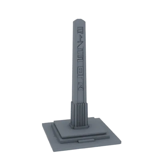 3D model of Tientiste monument with platform, rendered in gray, with relief patterns on the stele.