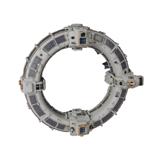 Orbital Station Corridor Stylized 3D model, stylized isometric render, showing metal modules, modular station layout.