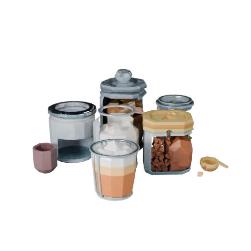 Pantry Spice Jars Low Poly 3D model, game viewport three-quarter view, showing powders, small ingredient shapes.