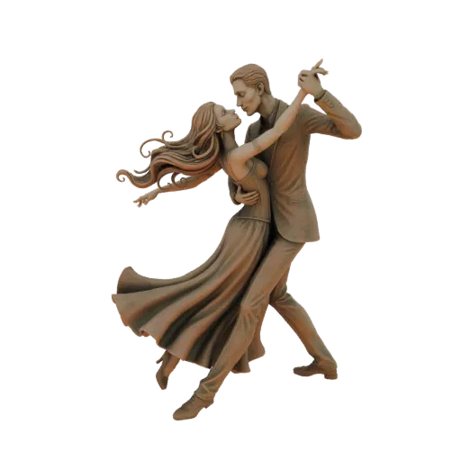 3D model of a bronze-toned sculpture of a man and woman dancing passionately, with flowing dress and hair.