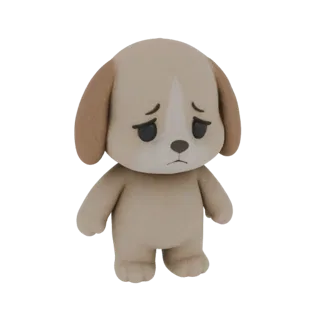 Modello 3D di un cucciolo triste con orecchie cadenti e espressione sconsolata, renderizzato su sfondo bianco.