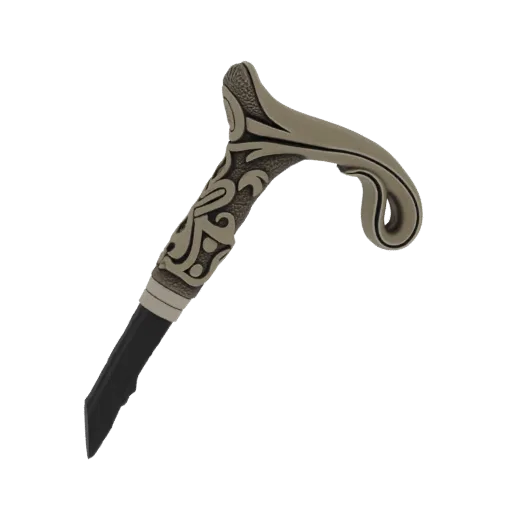 3D model of an ornate cane handle with swirling patterns and a sharp black hidden blade, presented on a black background.