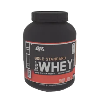 3D model of an Optimum Nutrition Gold Standard 100% Whey Protein tub with black and red branding.