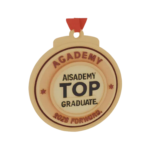 3D model of a gold medal with a red ribbon and "Academy Top 2026 Graduate" inscription