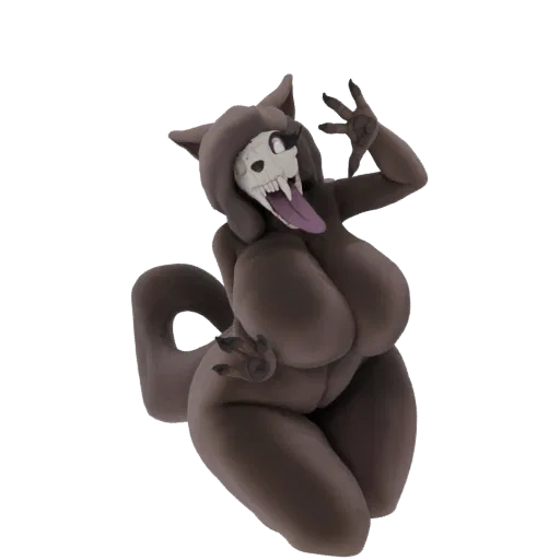 3D render of an anthropomorphic wolf with a skull head, brown fur, and a playful pose, with its tongue sticking out.