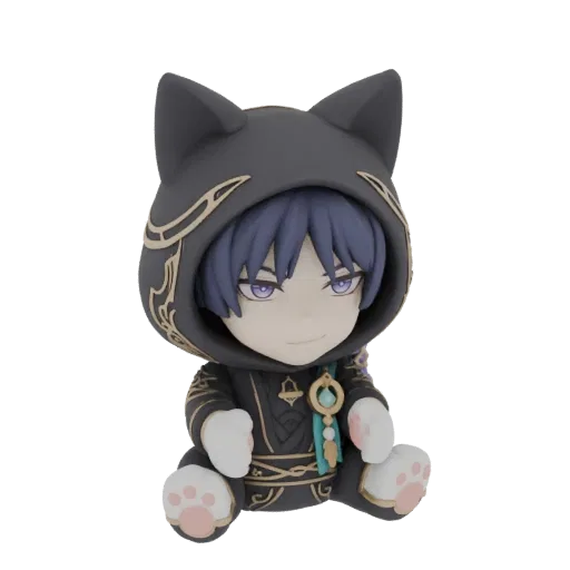 3D model of Chibi Scaramouche character wearing a black cat-eared hoodie, sitting down with a gentle smile.