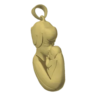 3D model of a mother tenderly embracing her baby, depicted as a pendant with a loop at the top.