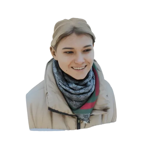 Modello 3D di donna generata da IA con giacca imbottita beige e sciarpa fantasia grigia e rossa, sorridente.