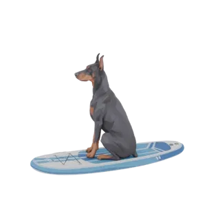 3D model of a Doberman dog sitting on a blue and white surfboard, looking to the left.