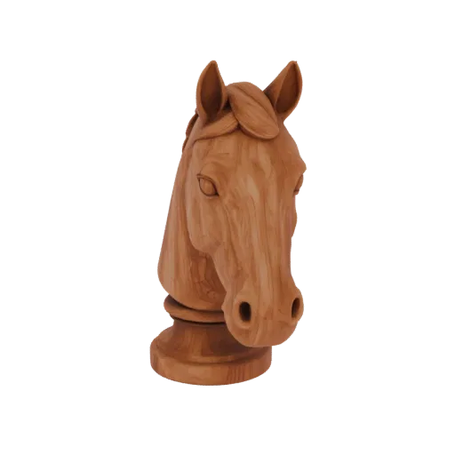 A detailed 3D model of a wooden horse head chess piece, carved in a classical style with a smooth finish.