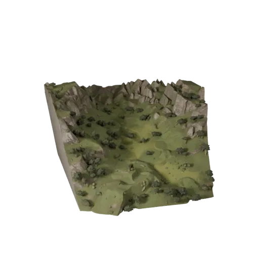 Alpine Valley Biome Realistic 3D model, three-quarter environment render, showing terrain layers, terrain detail.