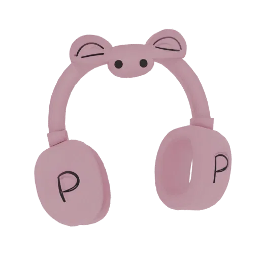 Ein 3D-Render von rosa Schweine-Kopfhörern mit süßen Ohren und einem 'P' auf jeder Ohrmuschel, vor weißem Hintergrund.