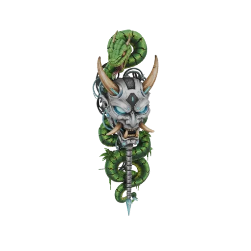 3D model of a cyberpunk Oni mask with a mechanical green serpent coiled around it, featuring glowing blue eyes and intricate
