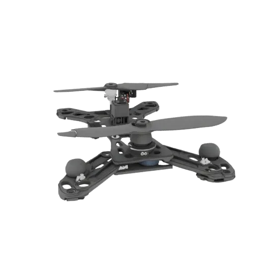 3D model X-frame for FPV drone with propellers installed, side view