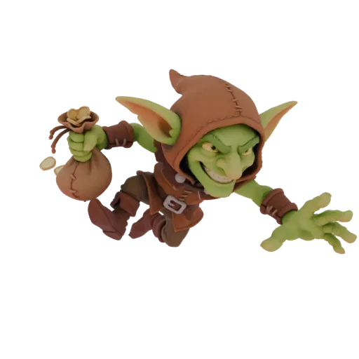 3D model of a green-skinned goblin thief wearing a brown hood and tunic, leaping forward with a bag of gold coins spilling ou