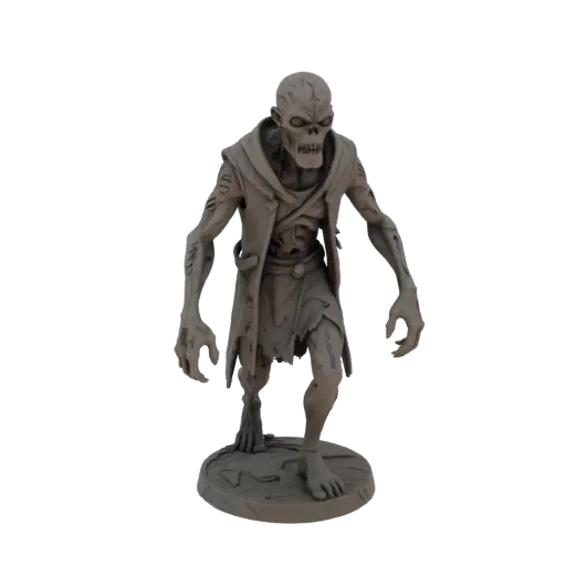 Miniatura STL di Nemico Zombie Fantasy Sciame, rendering da tavolo a tre quarti, miniatura nemica stampabile in resina con le