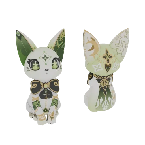 Modello 3D di un fennec bianco con motivi ornamentali verdi e dorati e un papillon nero e dorato, mostrato di fronte e di ret